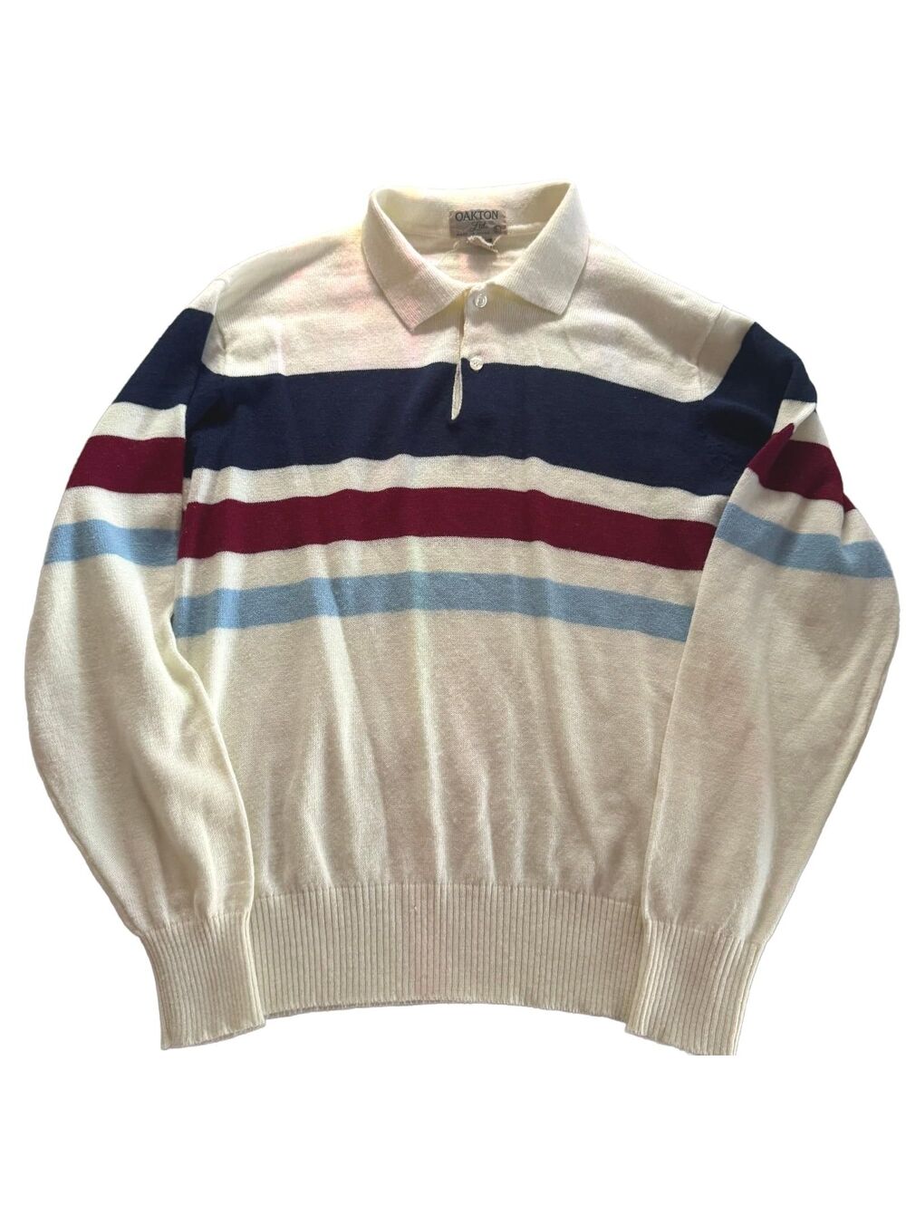Vtg 70s Oakton Acrylic Knit Sweater Mens Large Cream Stripe Polo Grandpacore L
